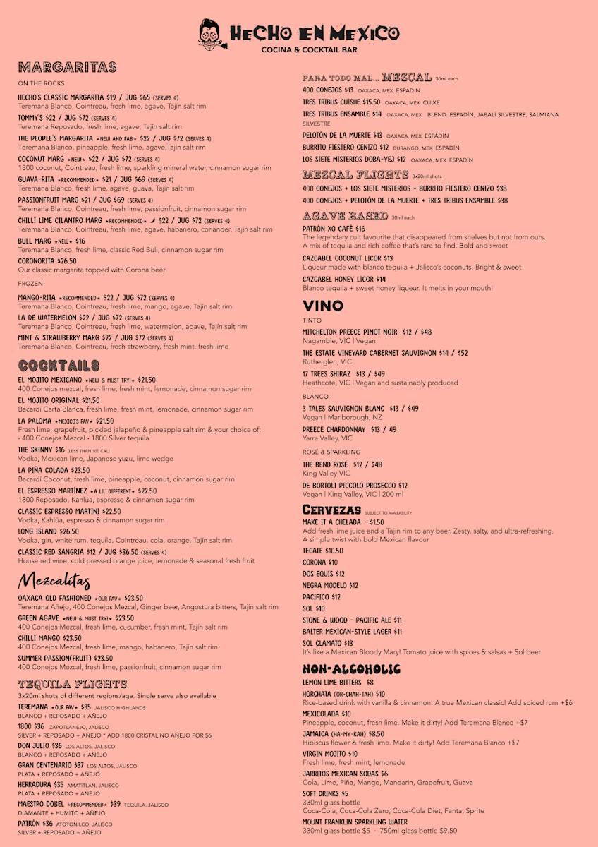 Menu, Hecho en Mexico Yarraville