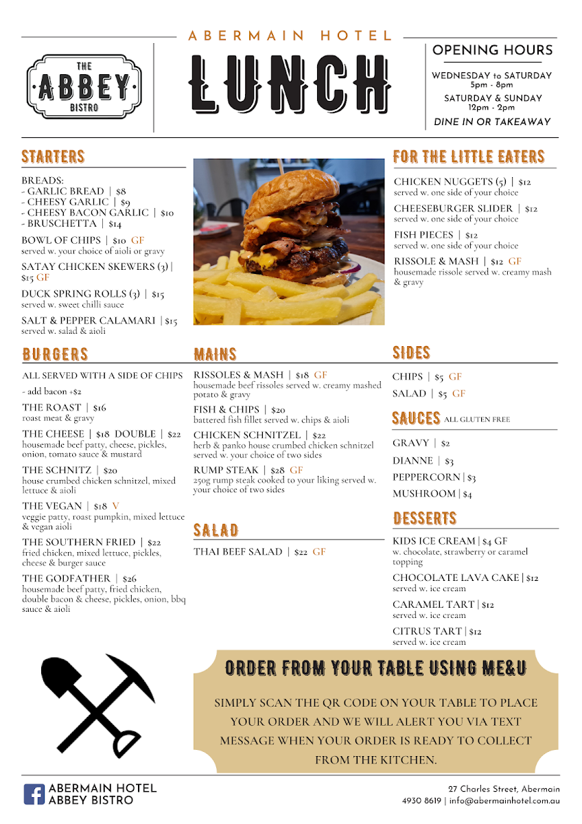Menu, Abbey Bistro