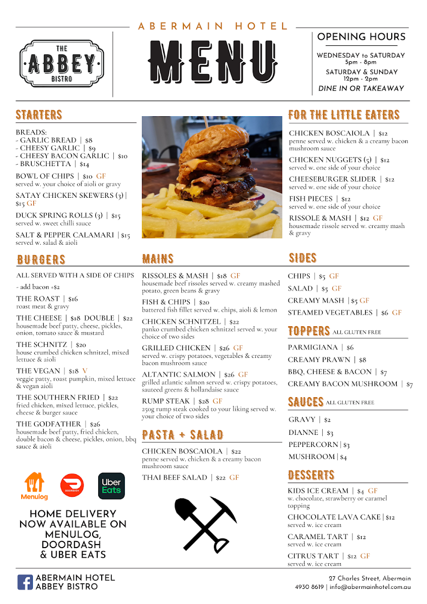 Menu, Abbey Bistro