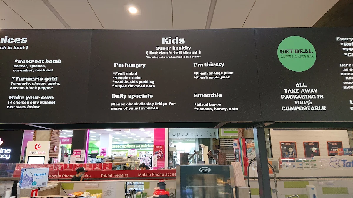 Menu, Get Real Coffee & Juice Bar
