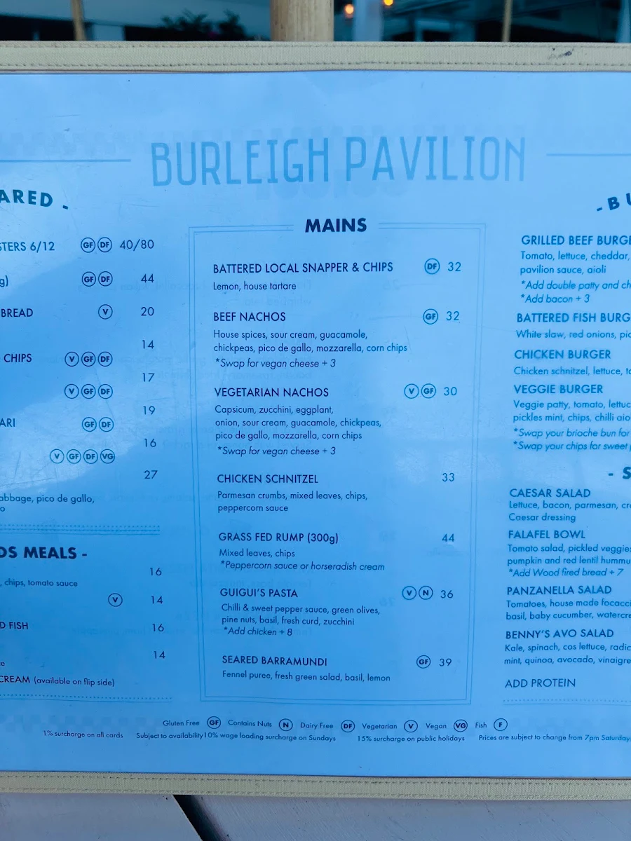 Menu, Burleigh Pavilion