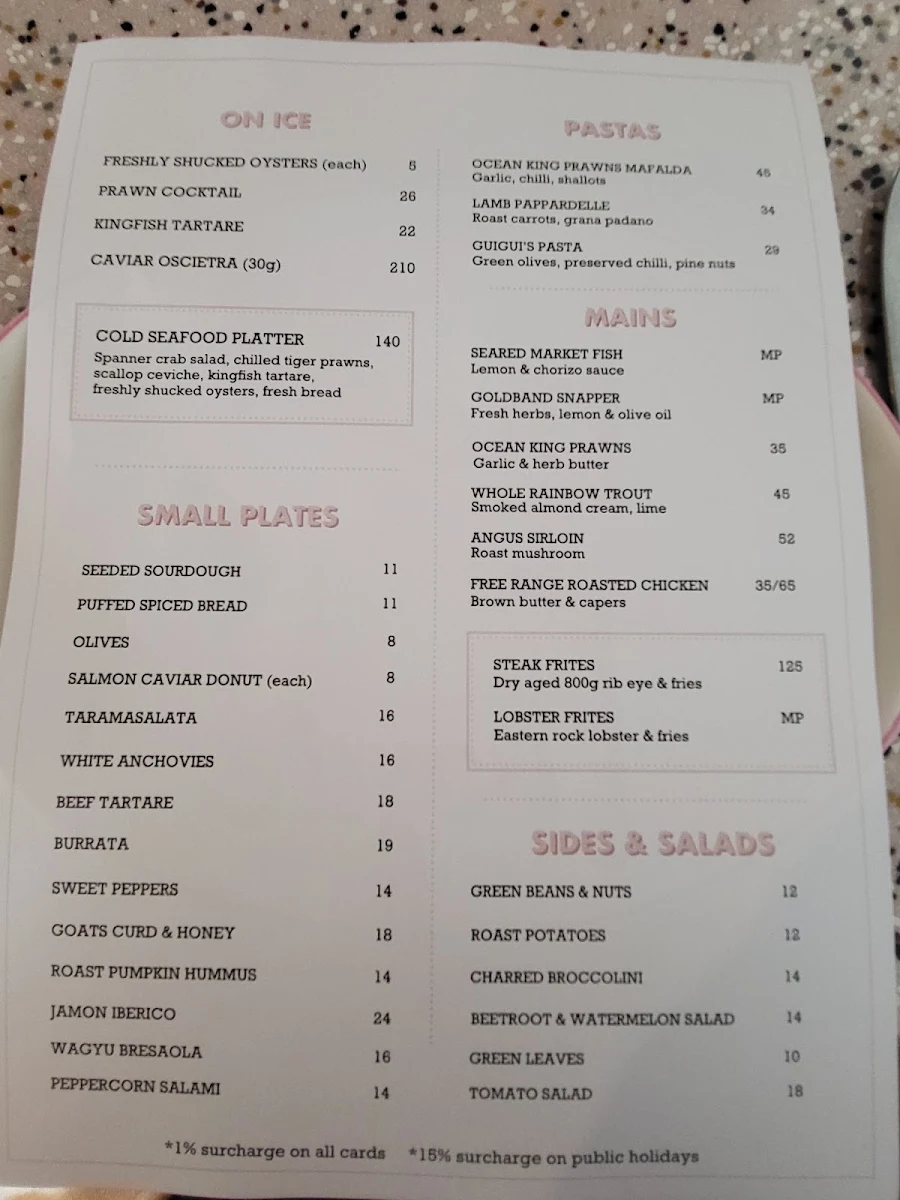 Menu, Burleigh Pavilion