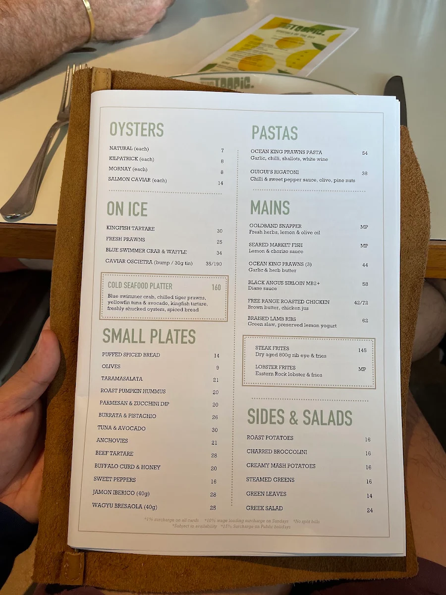 Menu, Burleigh Pavilion