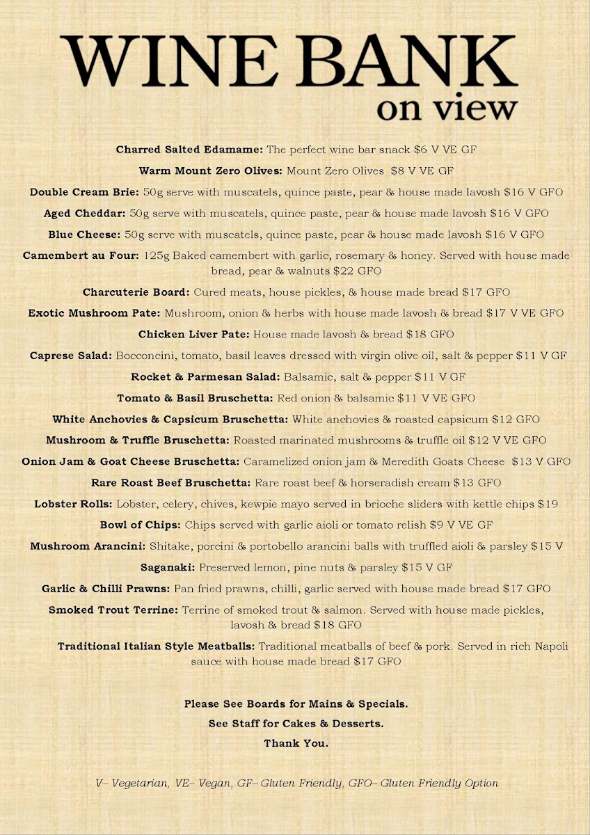 Menu, Wine Bank On View