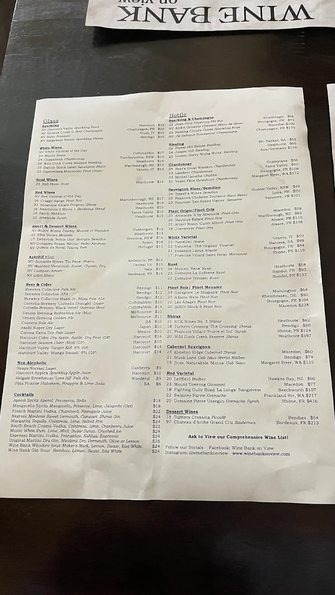 Menu, Wine Bank On View