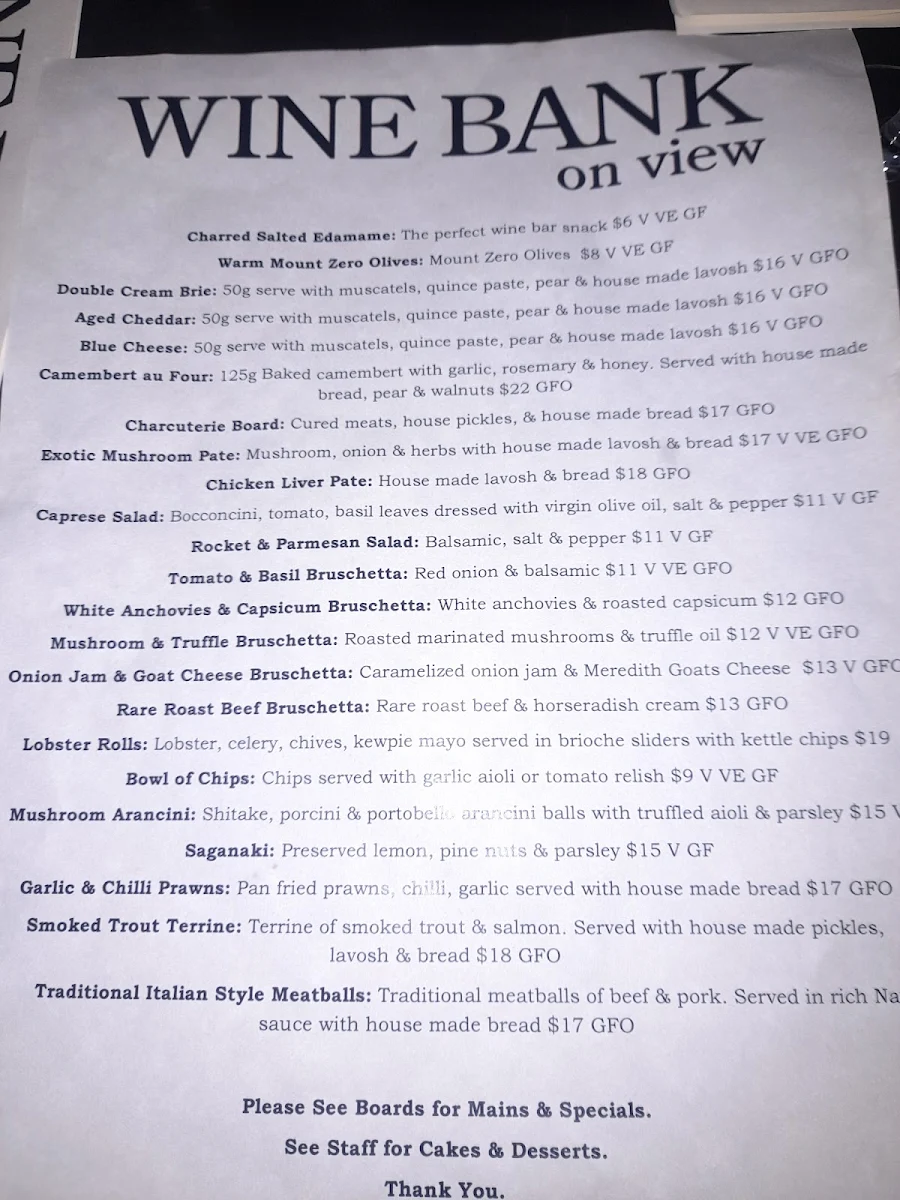 Menu, Wine Bank On View