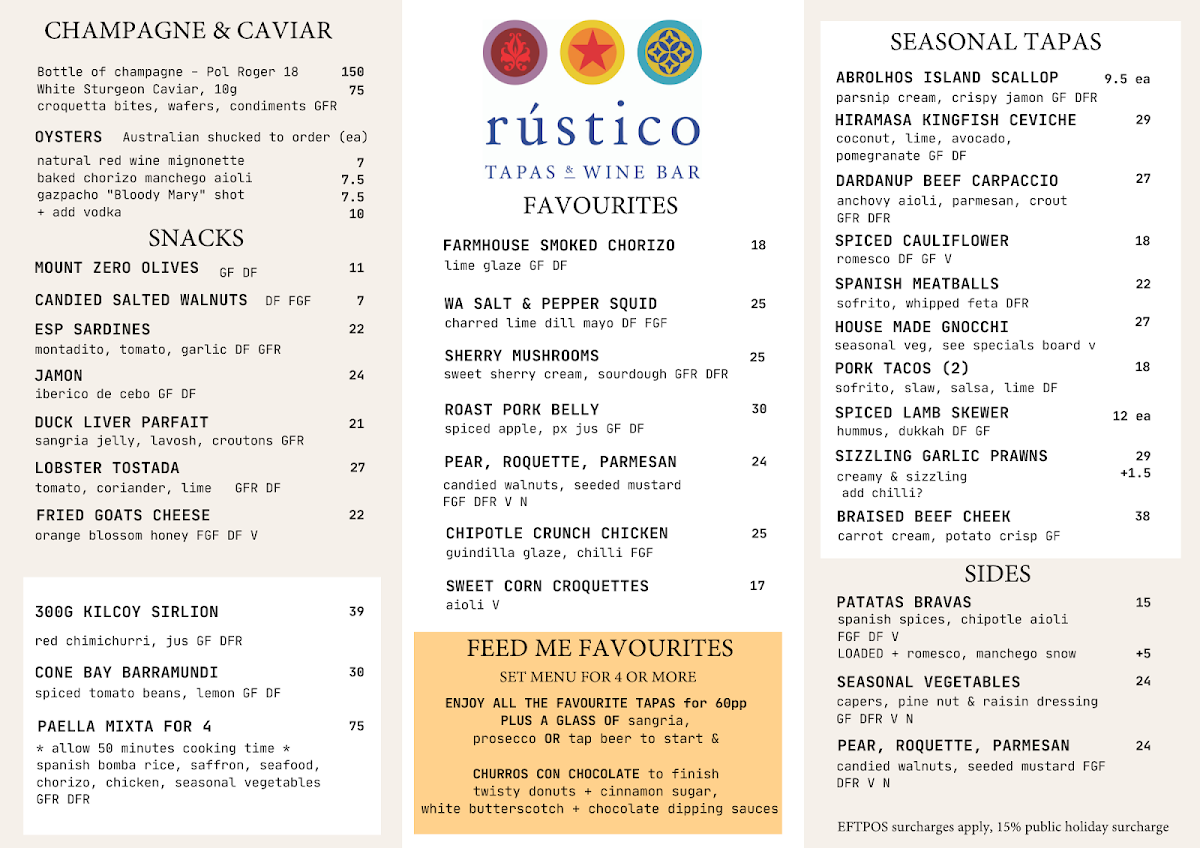 Menu, Rustico Tapas & Wine Bar