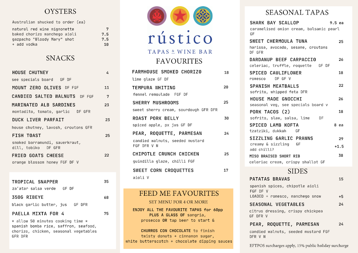 Menu, Rustico Tapas & Wine Bar