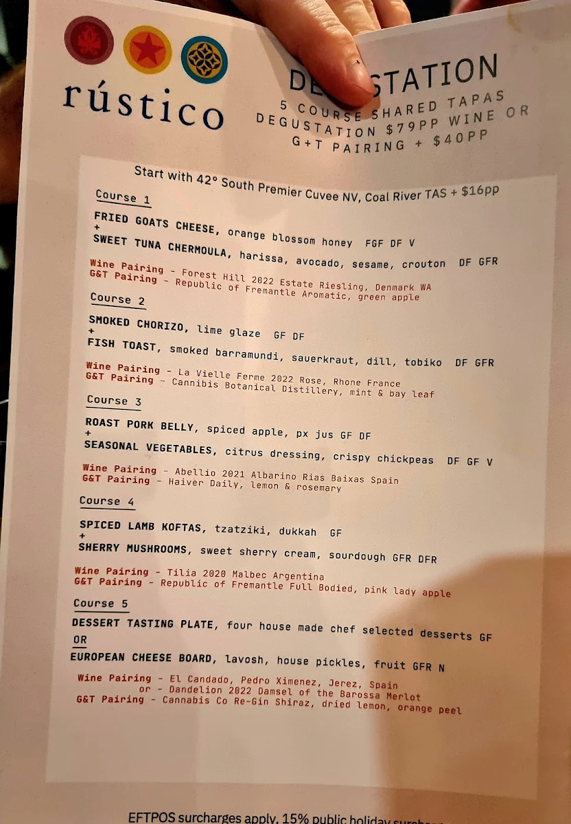 Menu, Rustico Tapas & Wine Bar