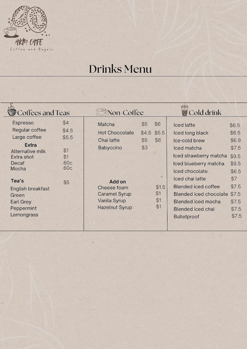 Menu, AKM CAFE BONDI BEACH