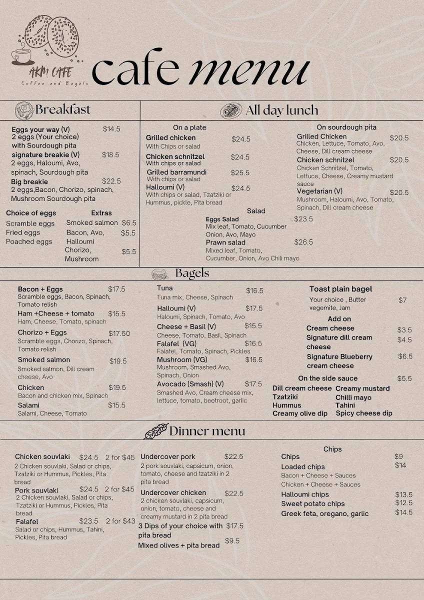 Menu, AKM CAFE BONDI BEACH