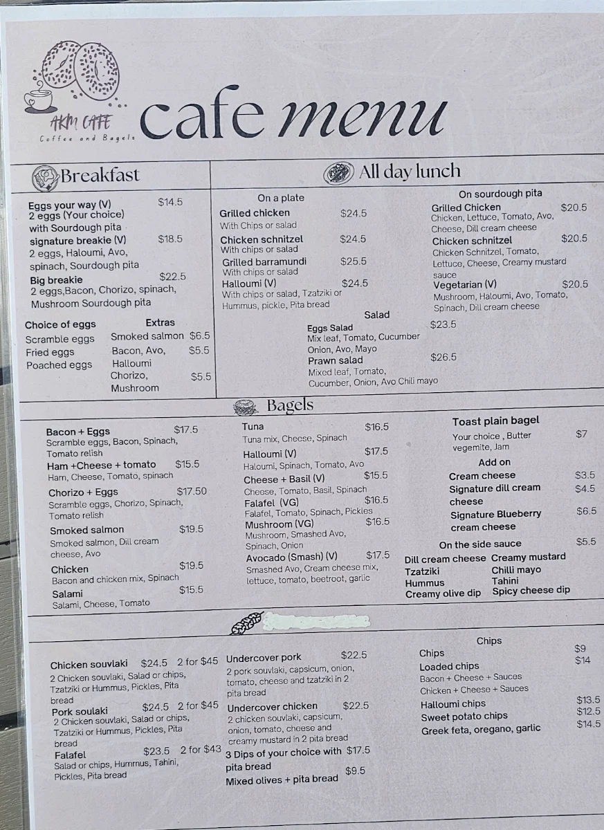 Menu, AKM CAFE BONDI BEACH