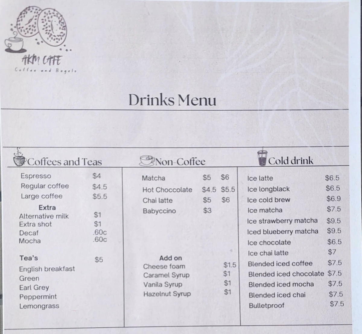 Menu, AKM CAFE BONDI BEACH
