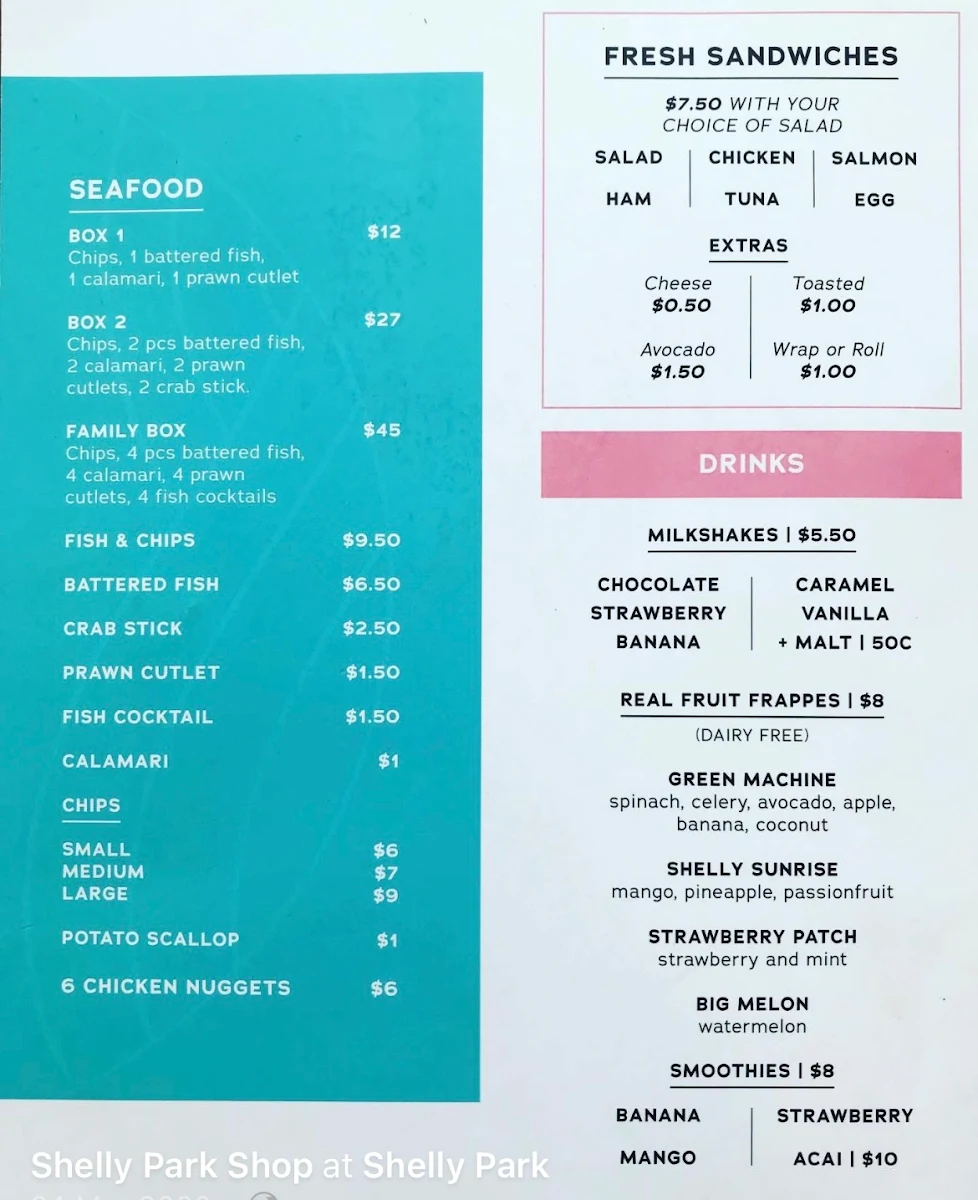 Menu, Shelly Park Shop