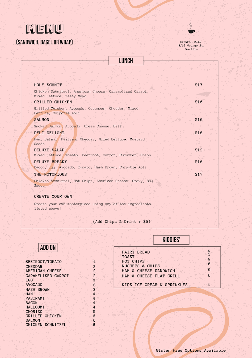 Menu, BREWED. Cafe
