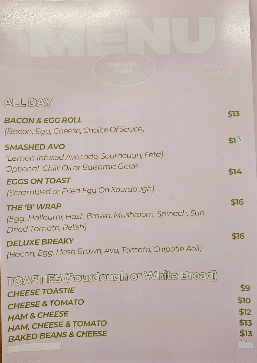 Menu, BREWED. Cafe