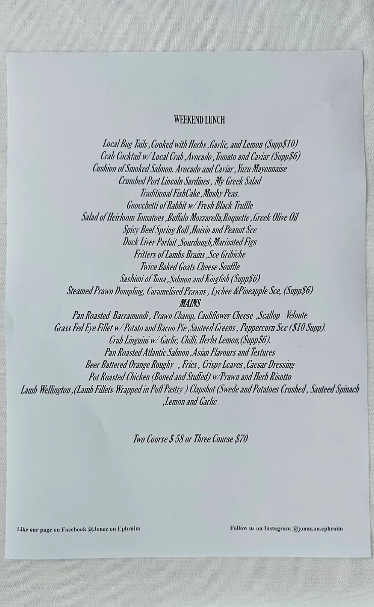 Menu, Jonez on Ephraim