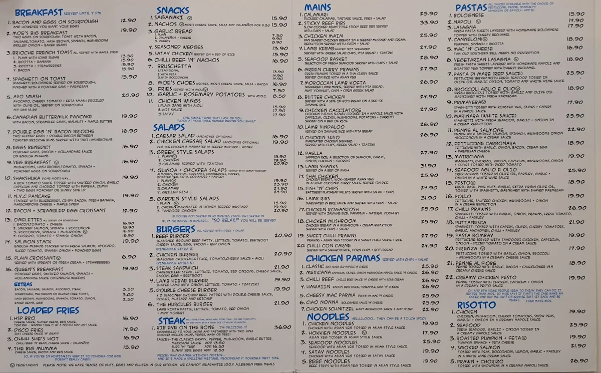 Menu, Lazy Moe's Bendigo