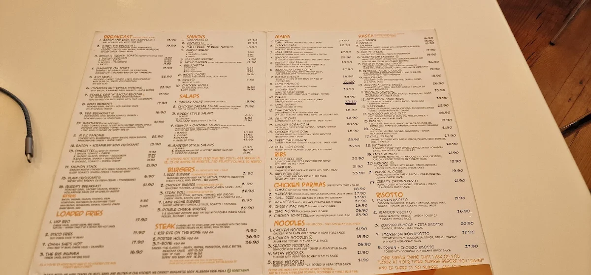 Menu, Lazy Moe's Bendigo