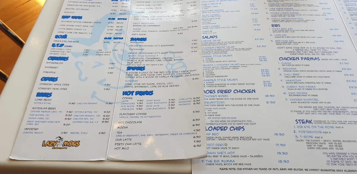 Menu, Lazy Moe's Bendigo