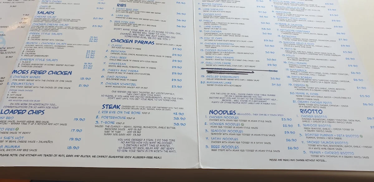 Menu, Lazy Moe's Bendigo