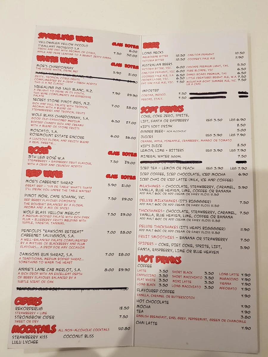 Menu, Lazy Moe's Bendigo