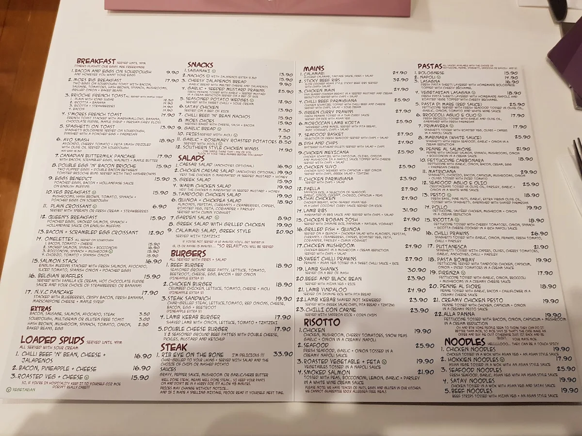 Menu, Lazy Moe's Bendigo