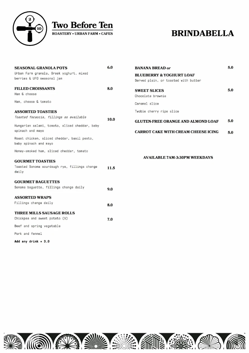 Menu, Two Before Ten Brindabella