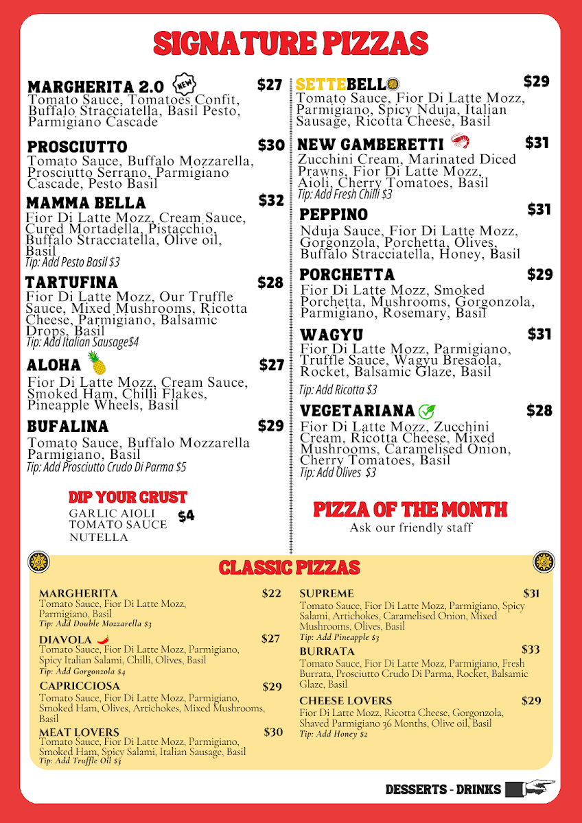 Menu, SetteBello Pizzeria Napoletana