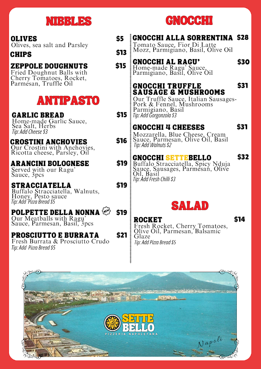 Menu, SetteBello Pizzeria Napoletana