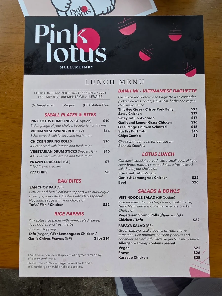 Menu, Pink Lotus Mullumbimby