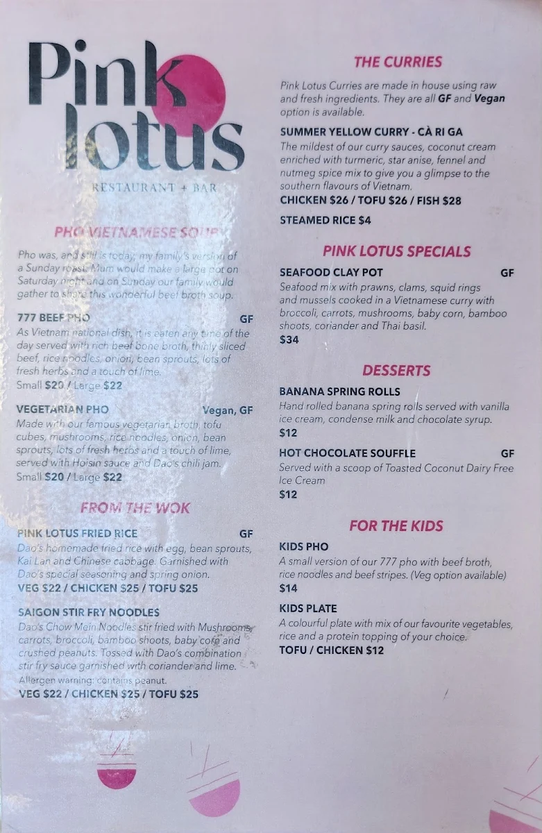 Menu, Pink Lotus Mullumbimby