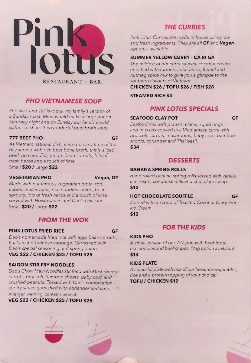 Menu, Pink Lotus Mullumbimby