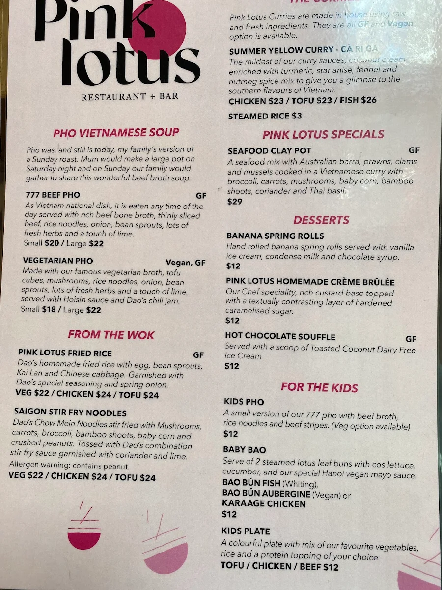 Menu, Pink Lotus Mullumbimby