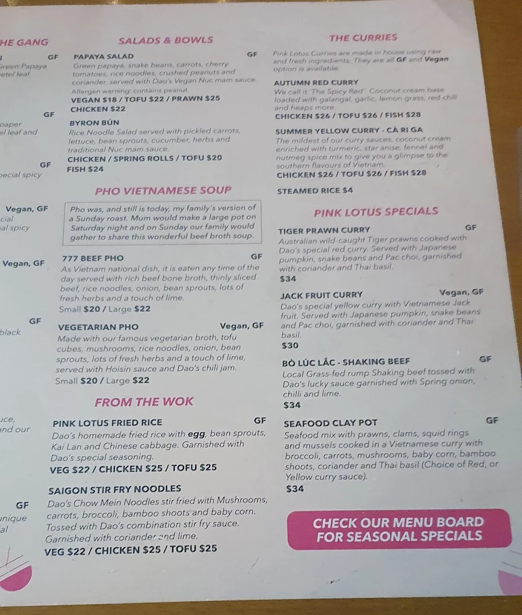 Menu, Pink Lotus Mullumbimby