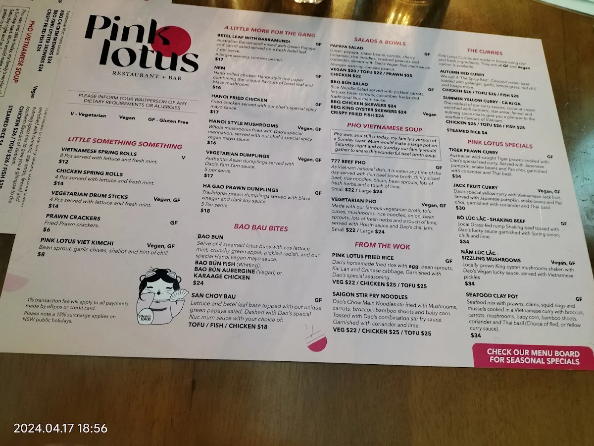 Menu, Pink Lotus Mullumbimby