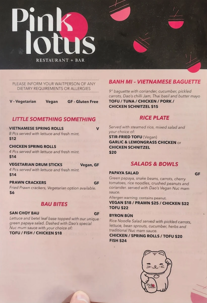 Menu, Pink Lotus Mullumbimby
