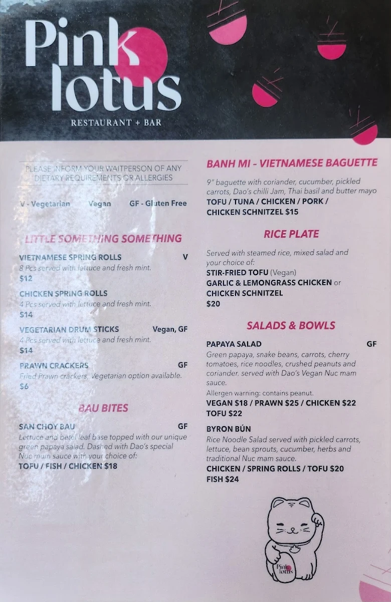 Menu, Pink Lotus Mullumbimby