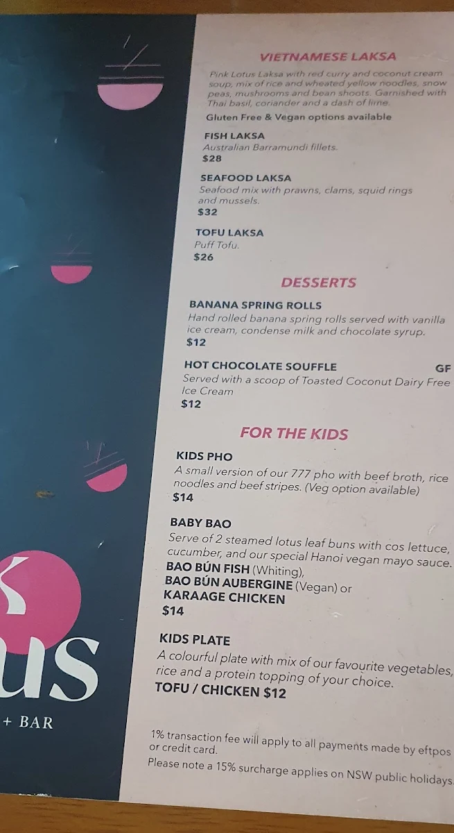 Menu, Pink Lotus Mullumbimby