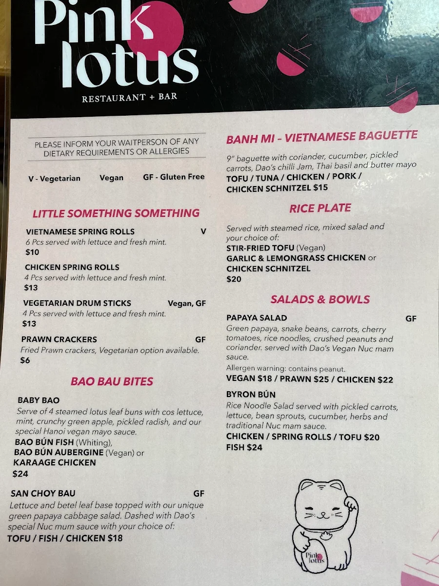 Menu, Pink Lotus Mullumbimby