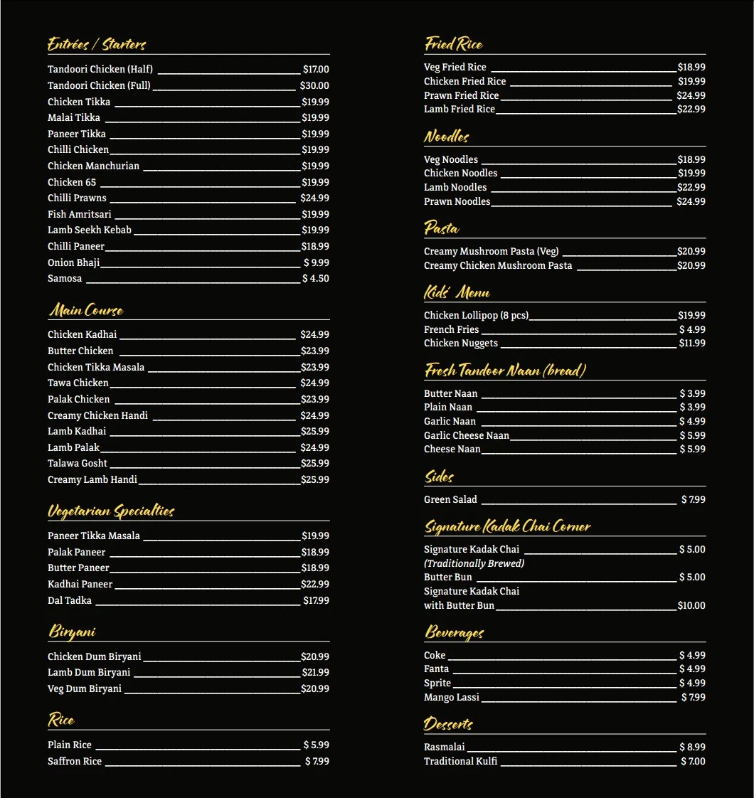Menu, Tandoor & Chai