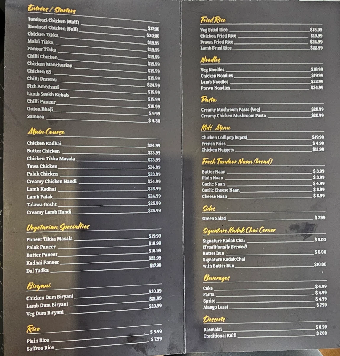 Menu, Tandoor & Chai