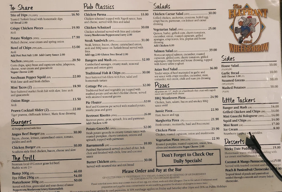 Menu, The Elephant & Wheelbarrow
