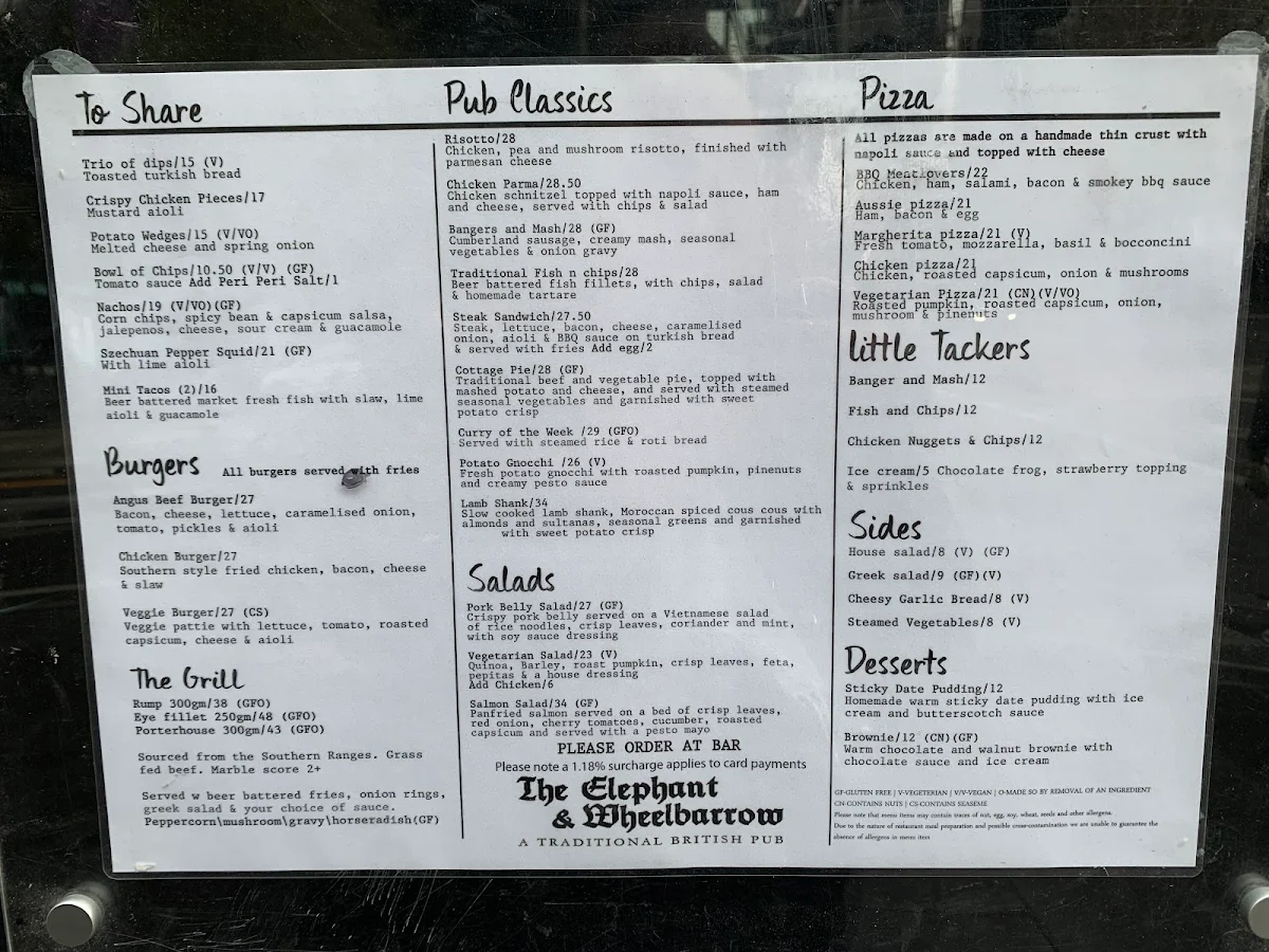 Menu, The Elephant & Wheelbarrow
