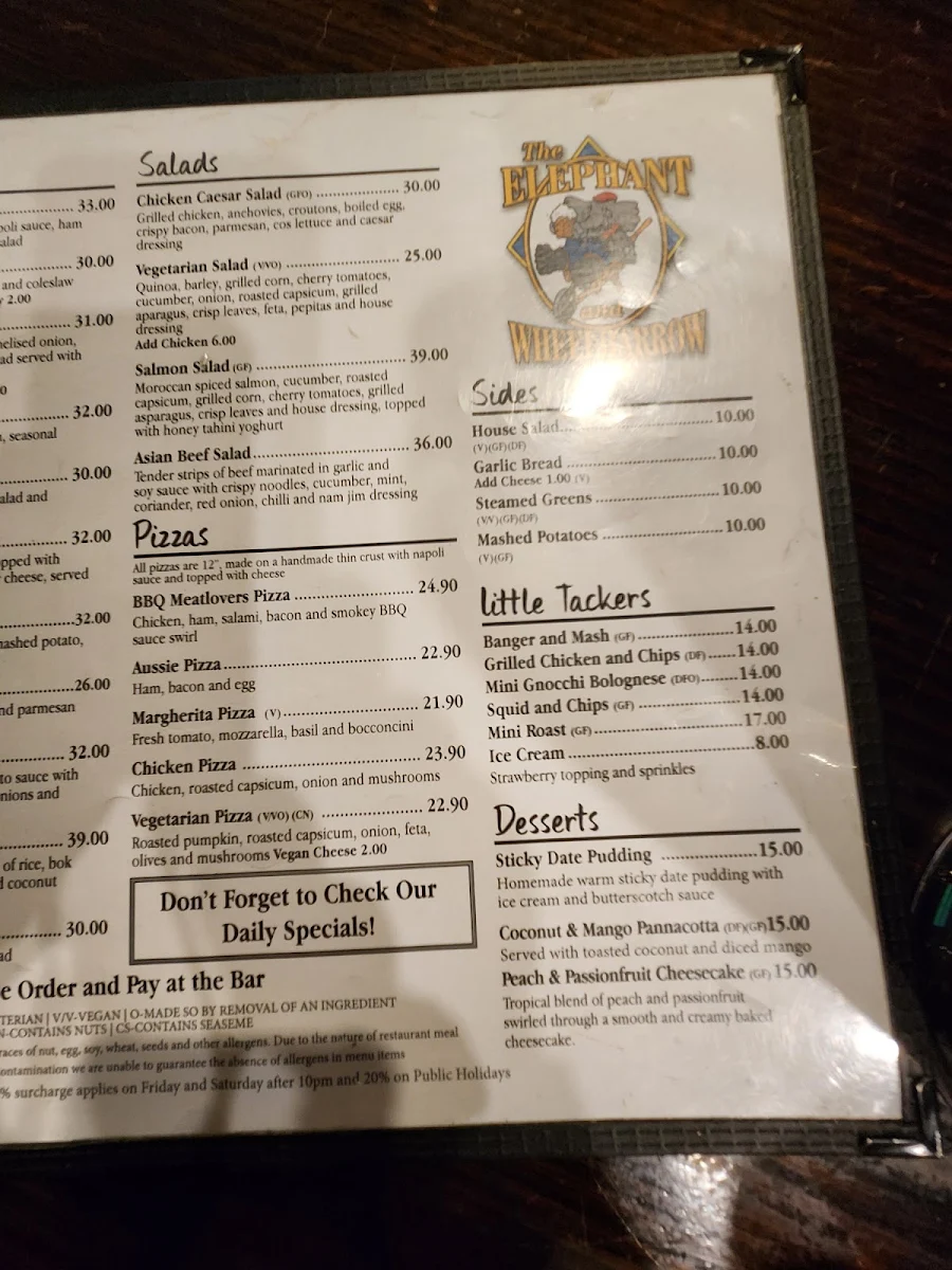 Menu, The Elephant & Wheelbarrow