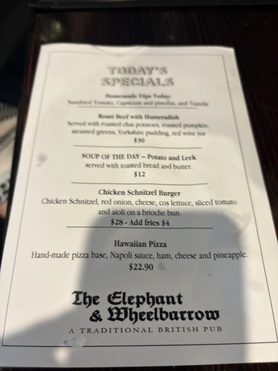 Menu, The Elephant & Wheelbarrow