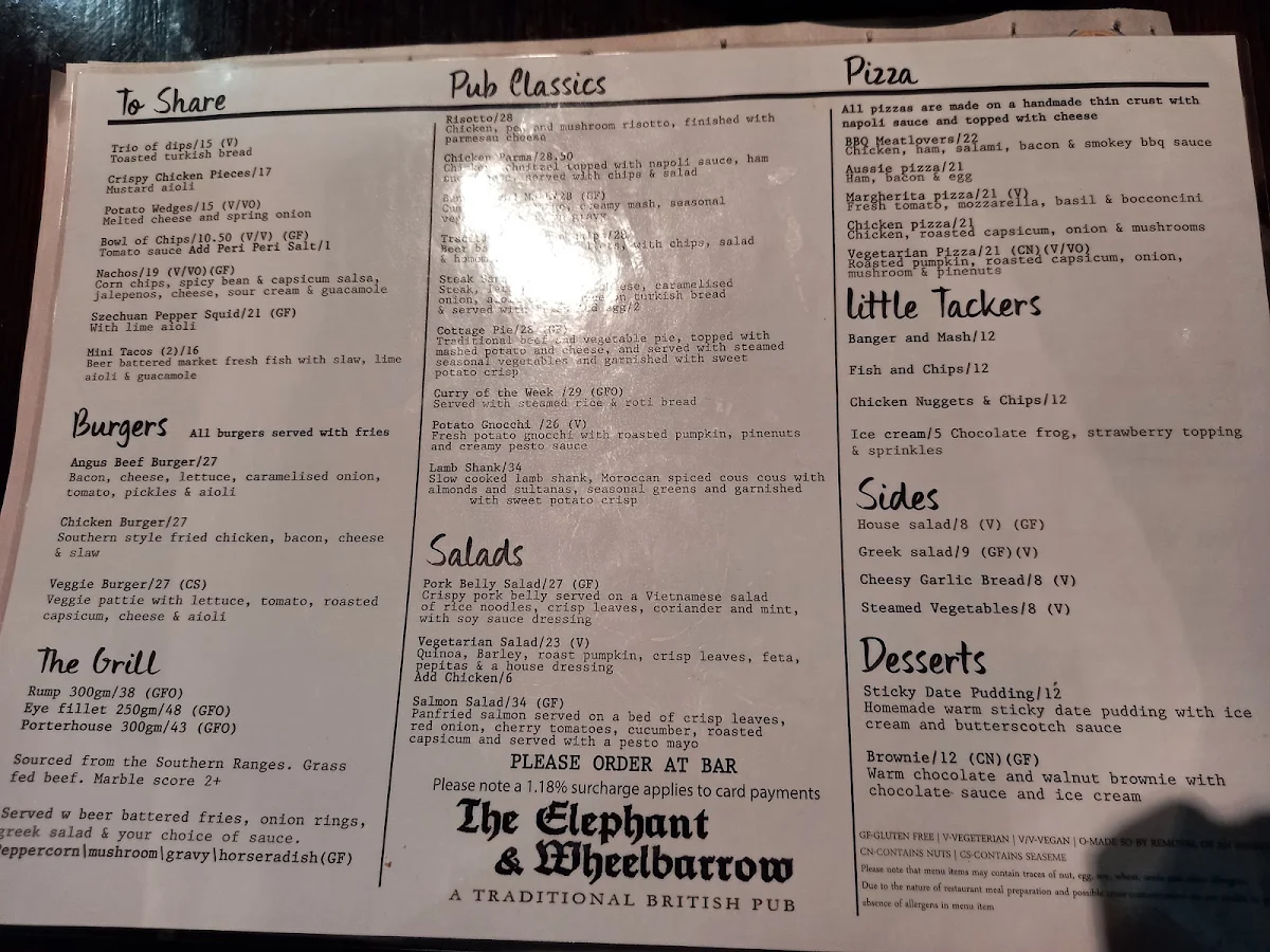Menu, The Elephant & Wheelbarrow