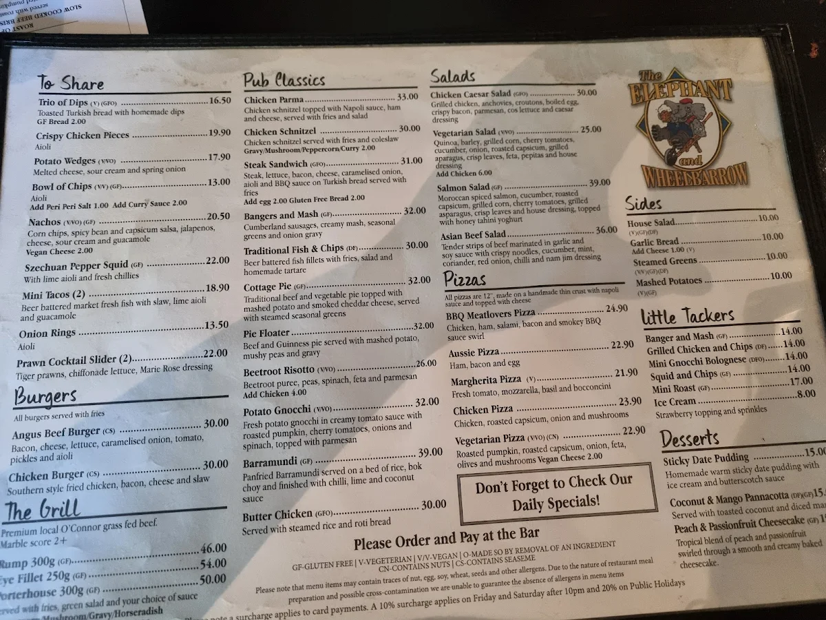 Menu, The Elephant & Wheelbarrow