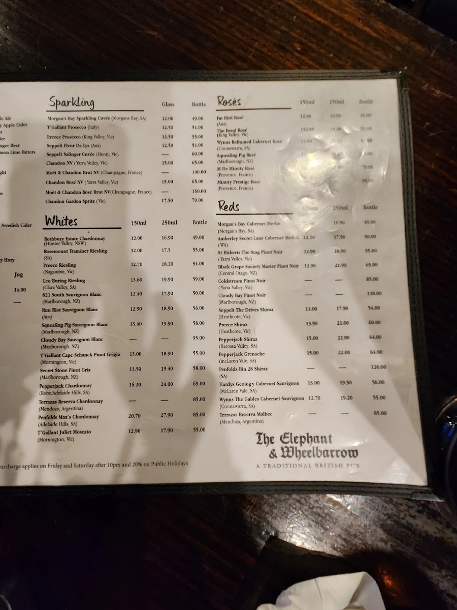 Menu, The Elephant & Wheelbarrow