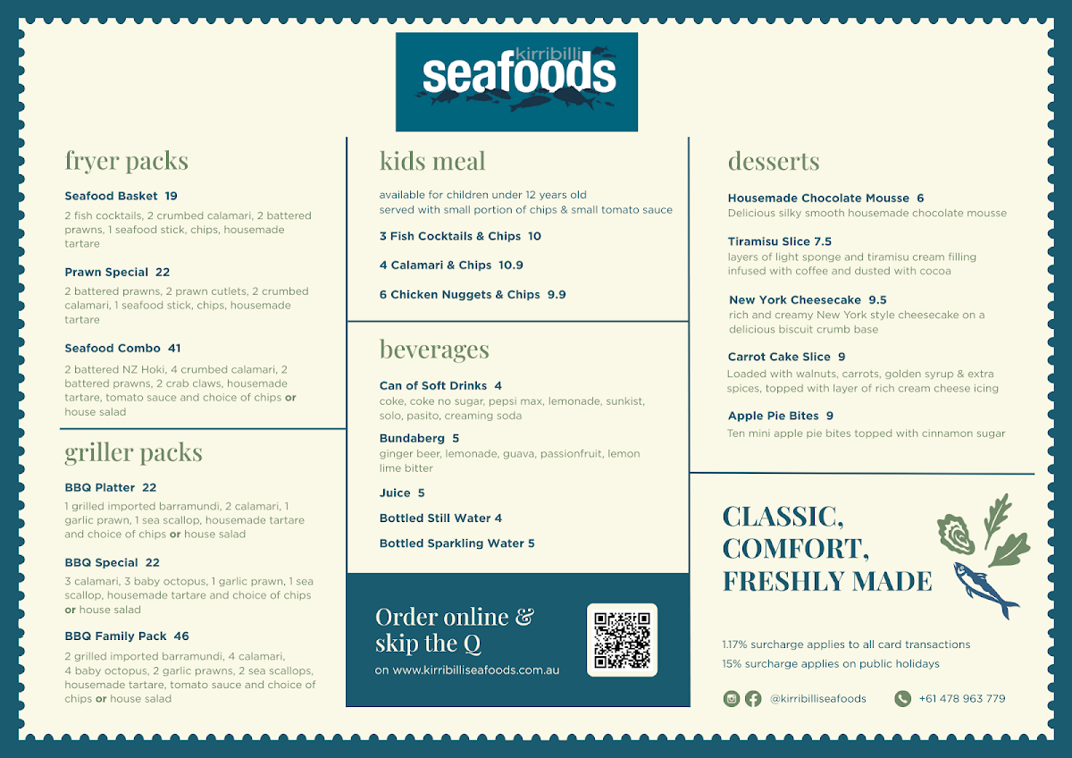 Menu, Kirribilli Seafoods
